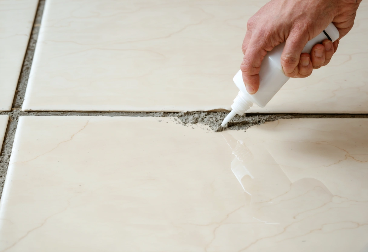 A close-up of newly applied grout between tiles, with a hand holding a sealant bottle