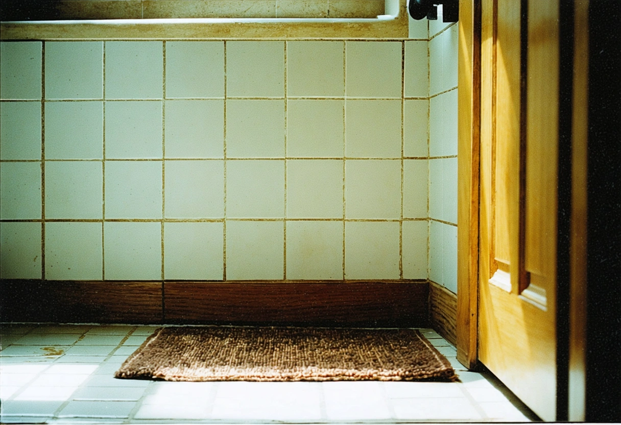 A cozy bathroom scene with tiled floors, showing a small rug placed to protect grout.