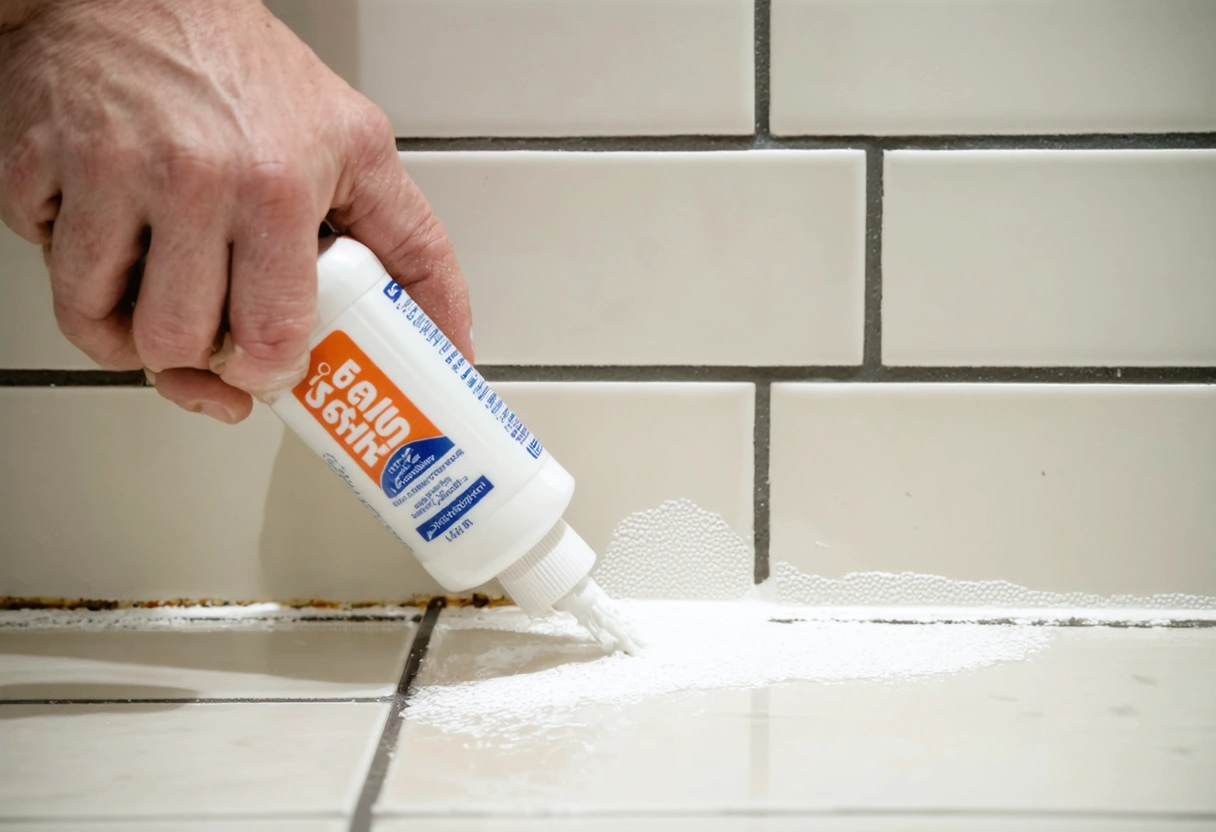 A detailed shot of a hand applying sealant to grout lines between tiles in a