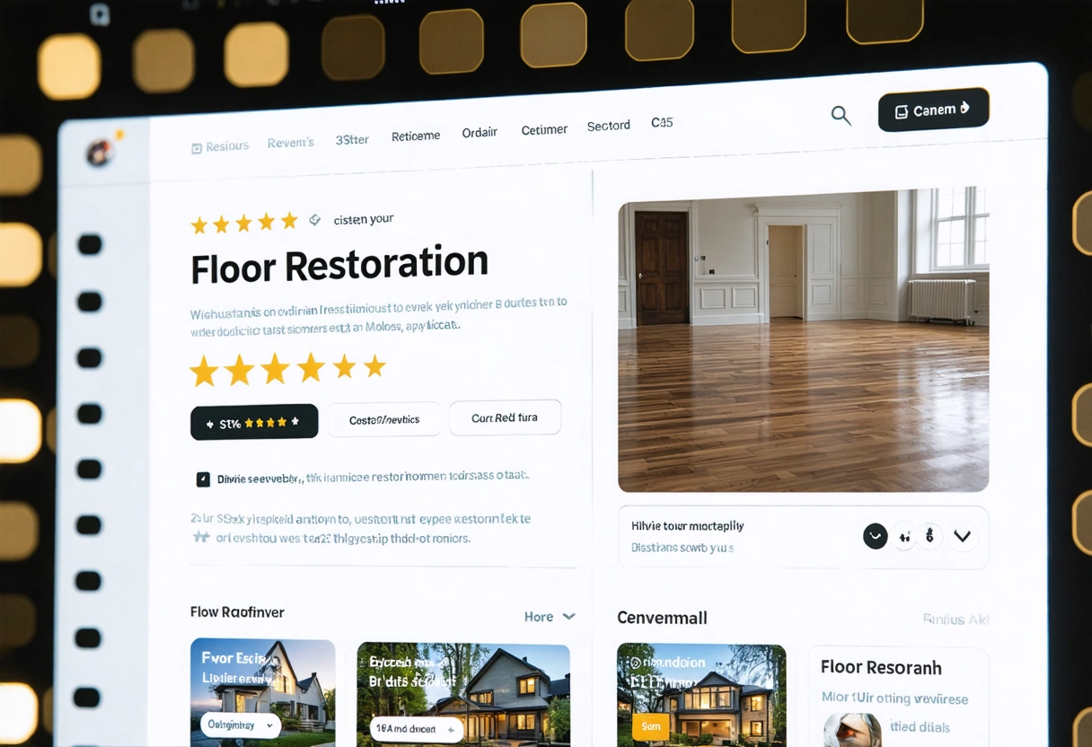 A digital screen displaying a website with 5-star reviews for a floor restoration service. The
