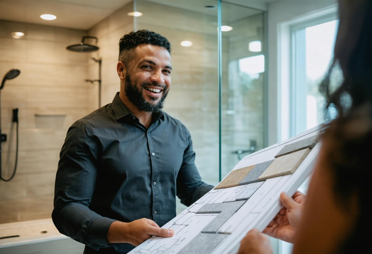 A Floor Medix consultant discussing shower design options with a client in a showroom. The