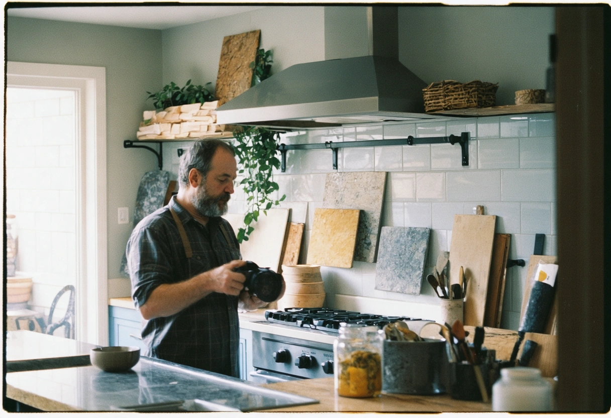 A flooring expert discussing eco-friendly materials for a backsplash installation with a homeowner. The scene