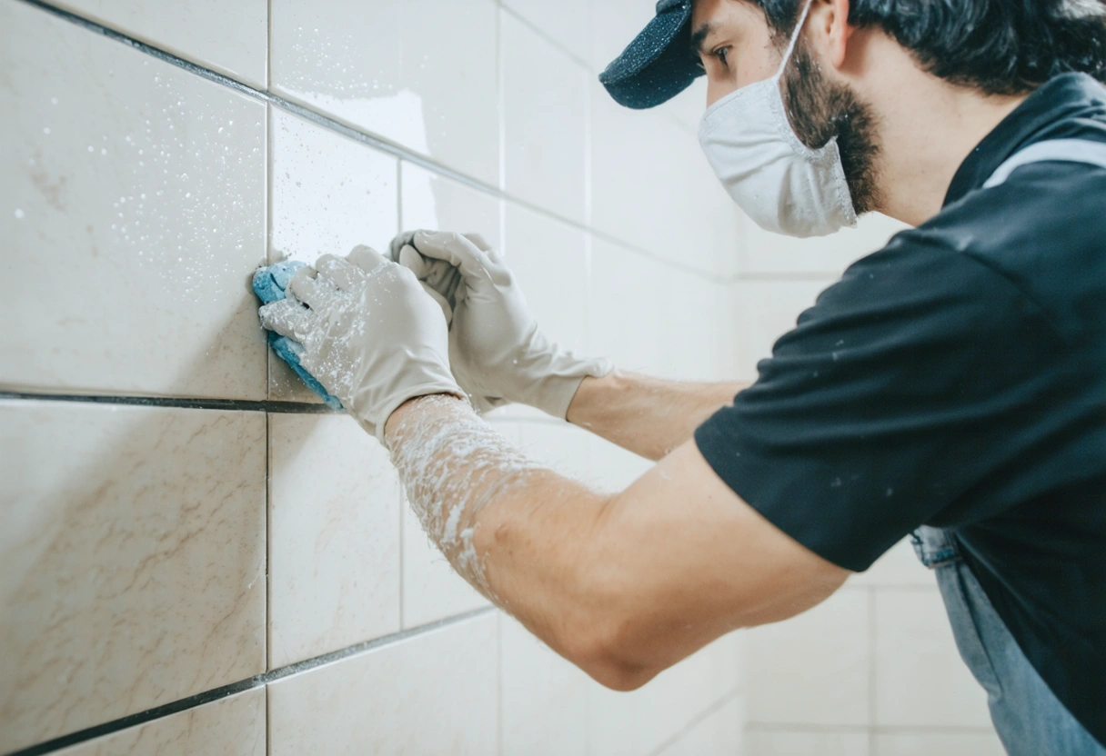 A flooring expert installing tiles on a shower wall, showcasing precision and skill. The scene