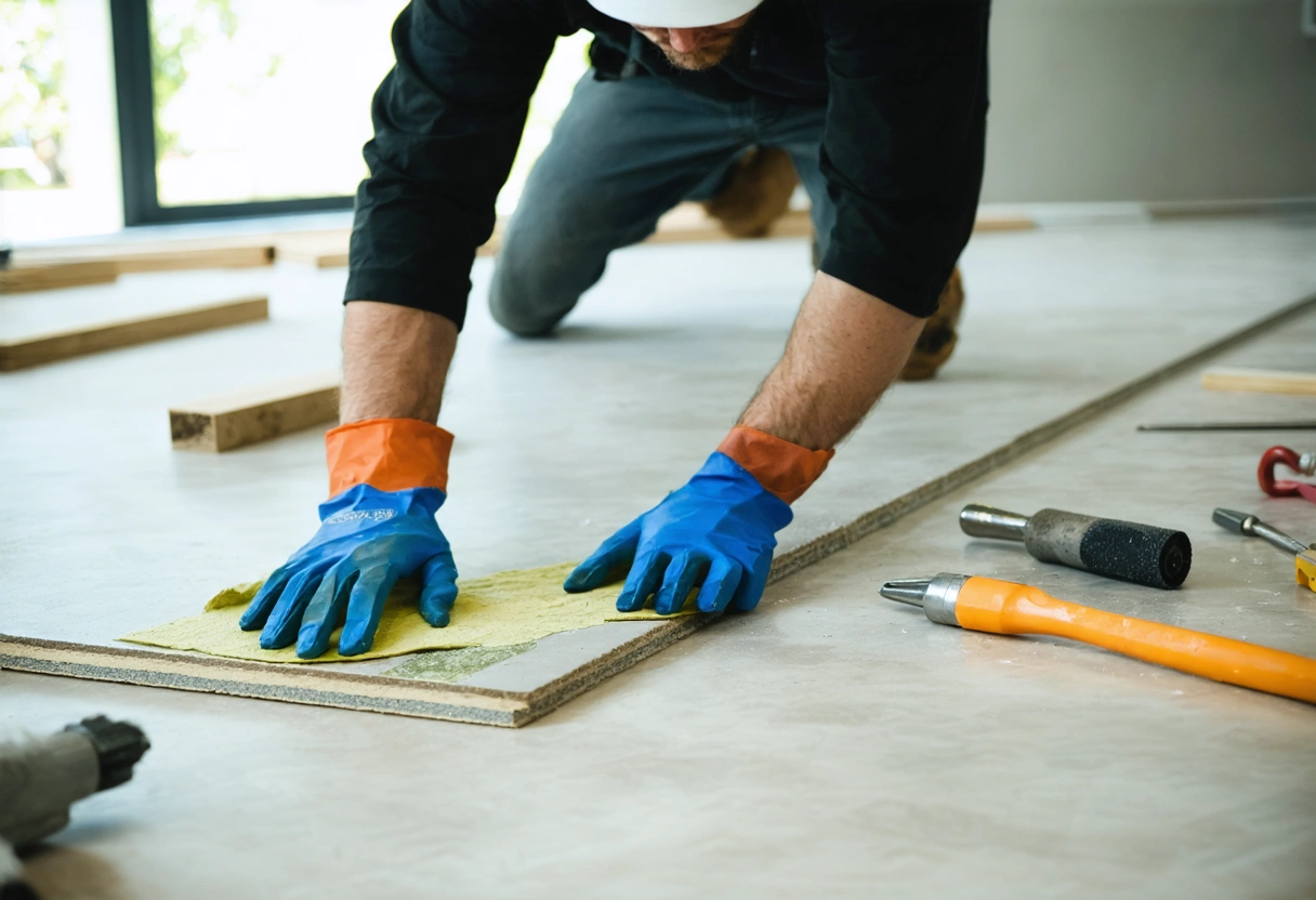 A flooring expert preparing a substrate for a backsplash installation, showing expertise in leveling and