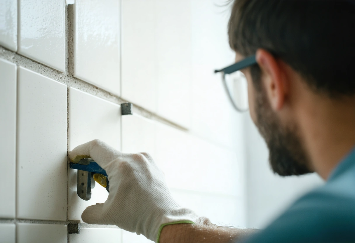 A flooring expert using spacers and supports to install tiles on a vertical wall, demonstrating