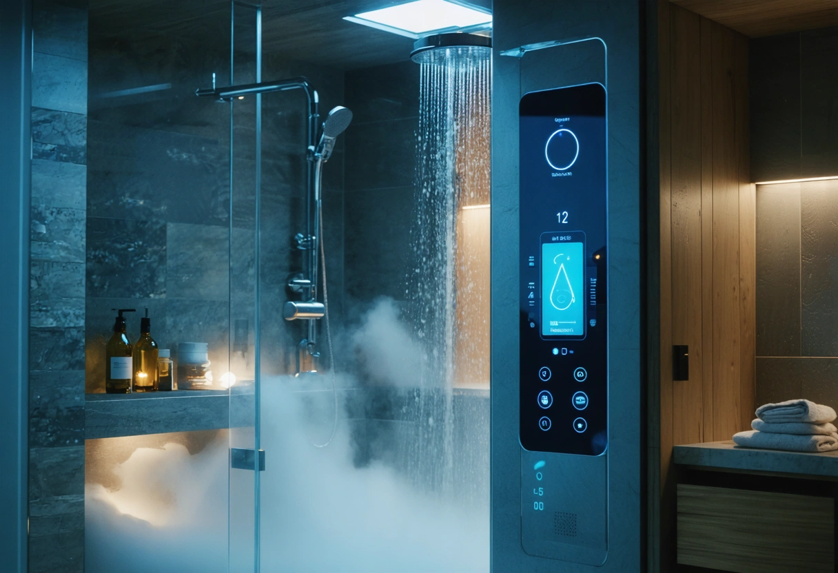 A futuristic bathroom with a smart shower system. The shower features digital controls for temperature