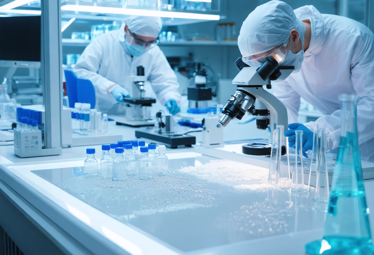 Scientists examining self-healing grout samples in futuristic lab setting