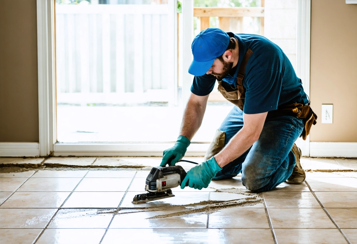 Handyman using grout saw to remove old grout in daylight