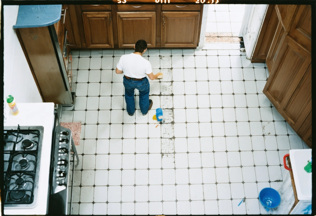 A high-angle view of a busy kitchen with tiled floors, showing a person cleaning grout