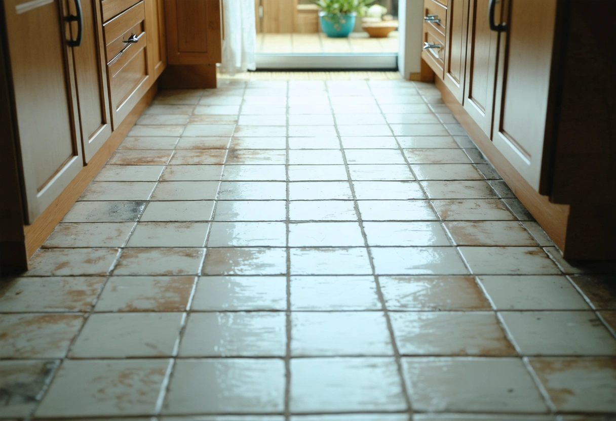 Kitchen floor with discolored grout contrasting with clean tiles under bright lighting