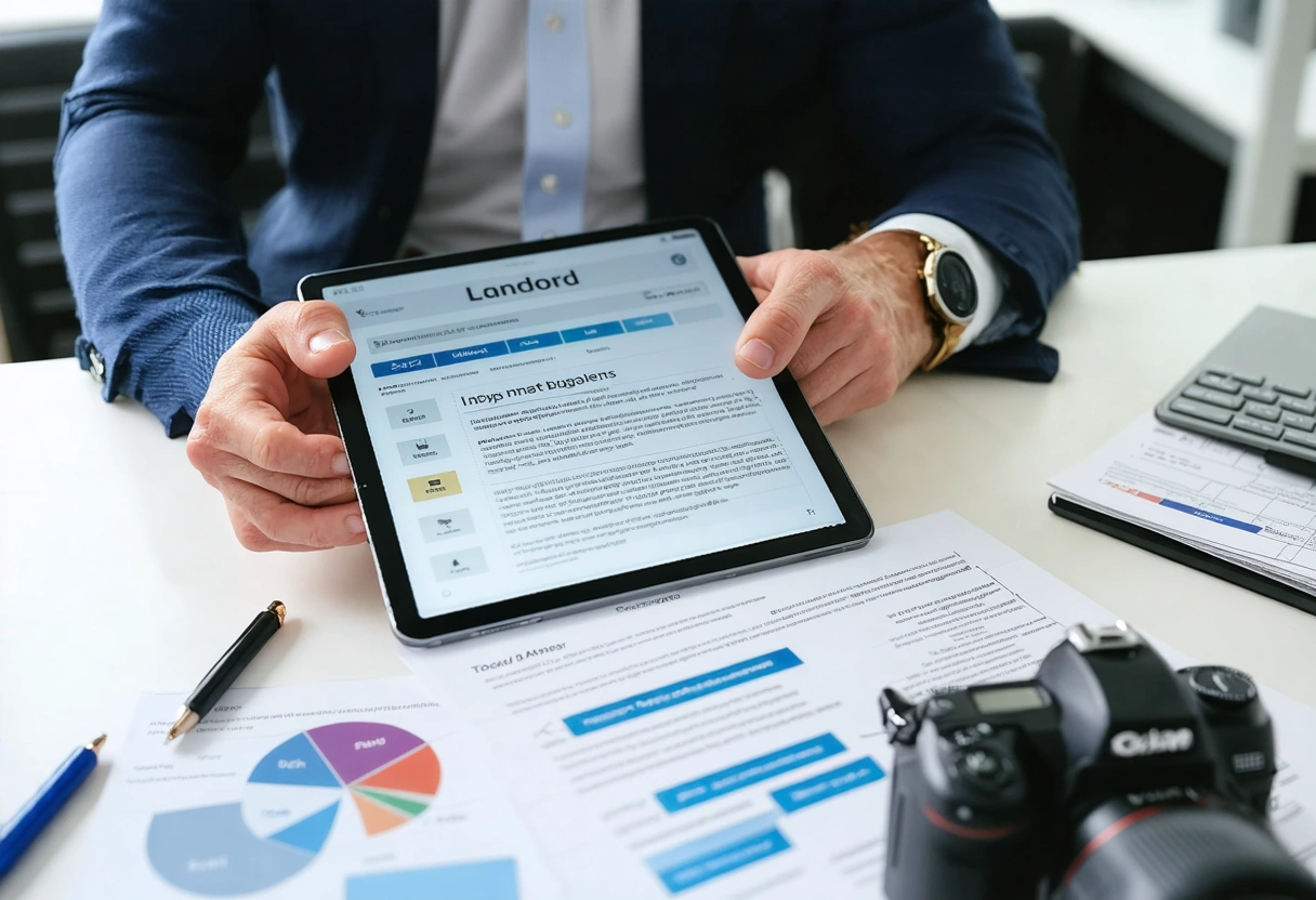 A landlord reviewing maintenance regulations on a tablet, sitting in a well-lit office, legal documents