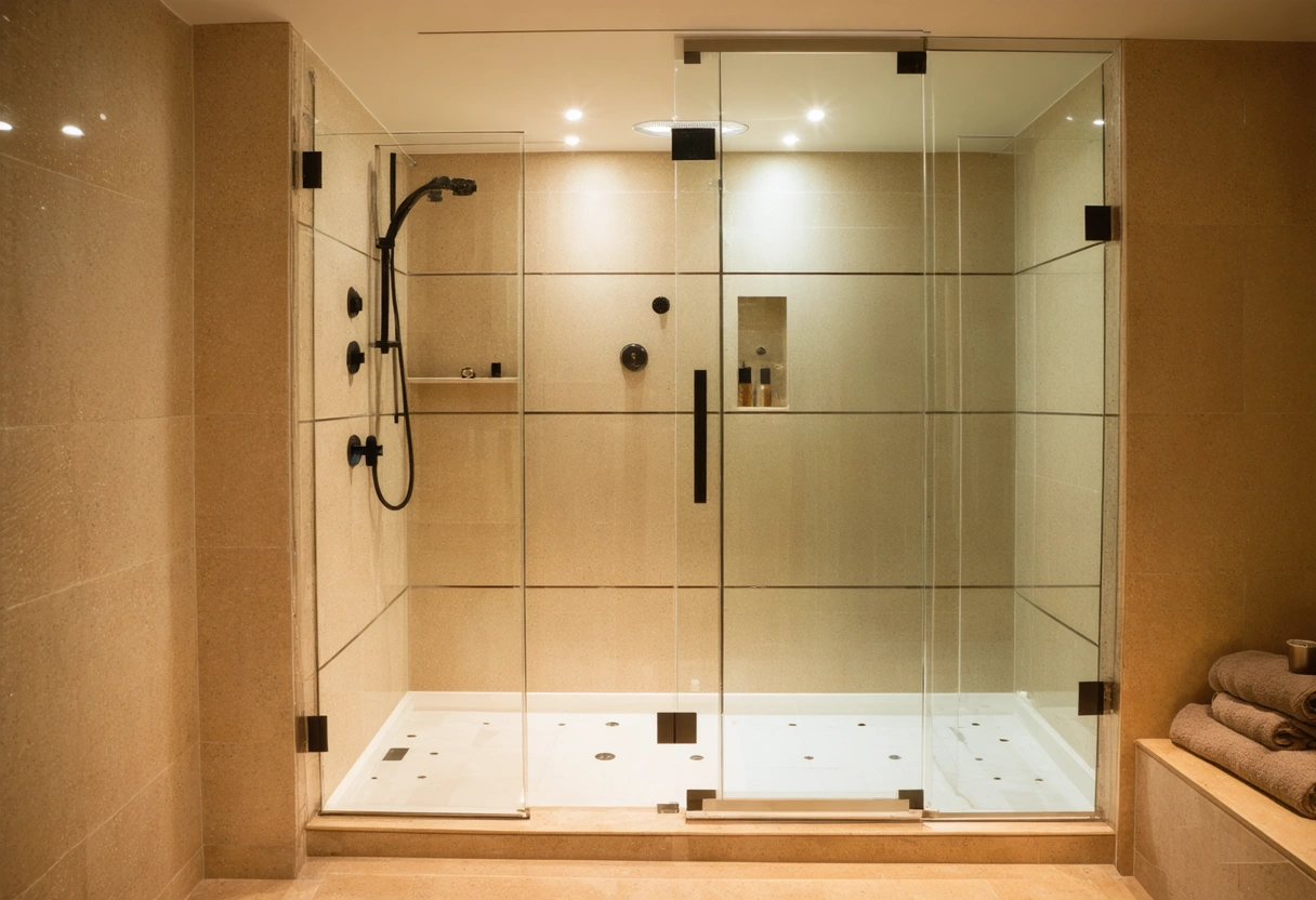 A luxurious, newly installed shower in a contemporary bathroom. The shower features sleek glass doors,