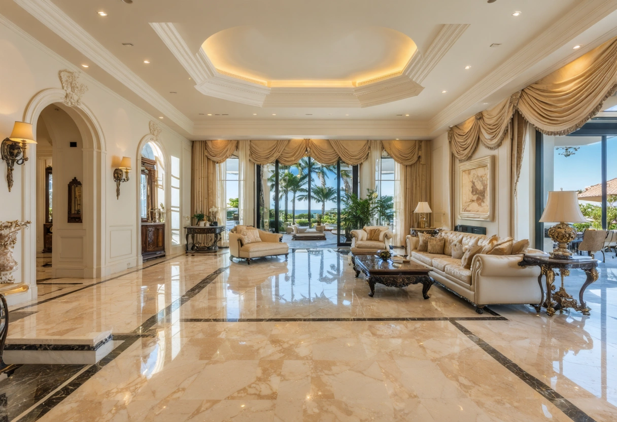 A luxurious vacation rental interior with polished marble floors, elegant furniture, and a serene ambiance.