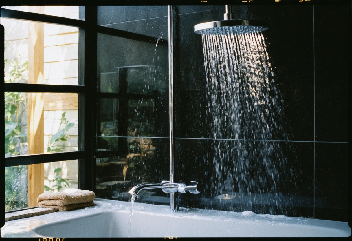A modern bathroom with a low-flow showerhead, water gently cascading, sunlight streaming through a window,