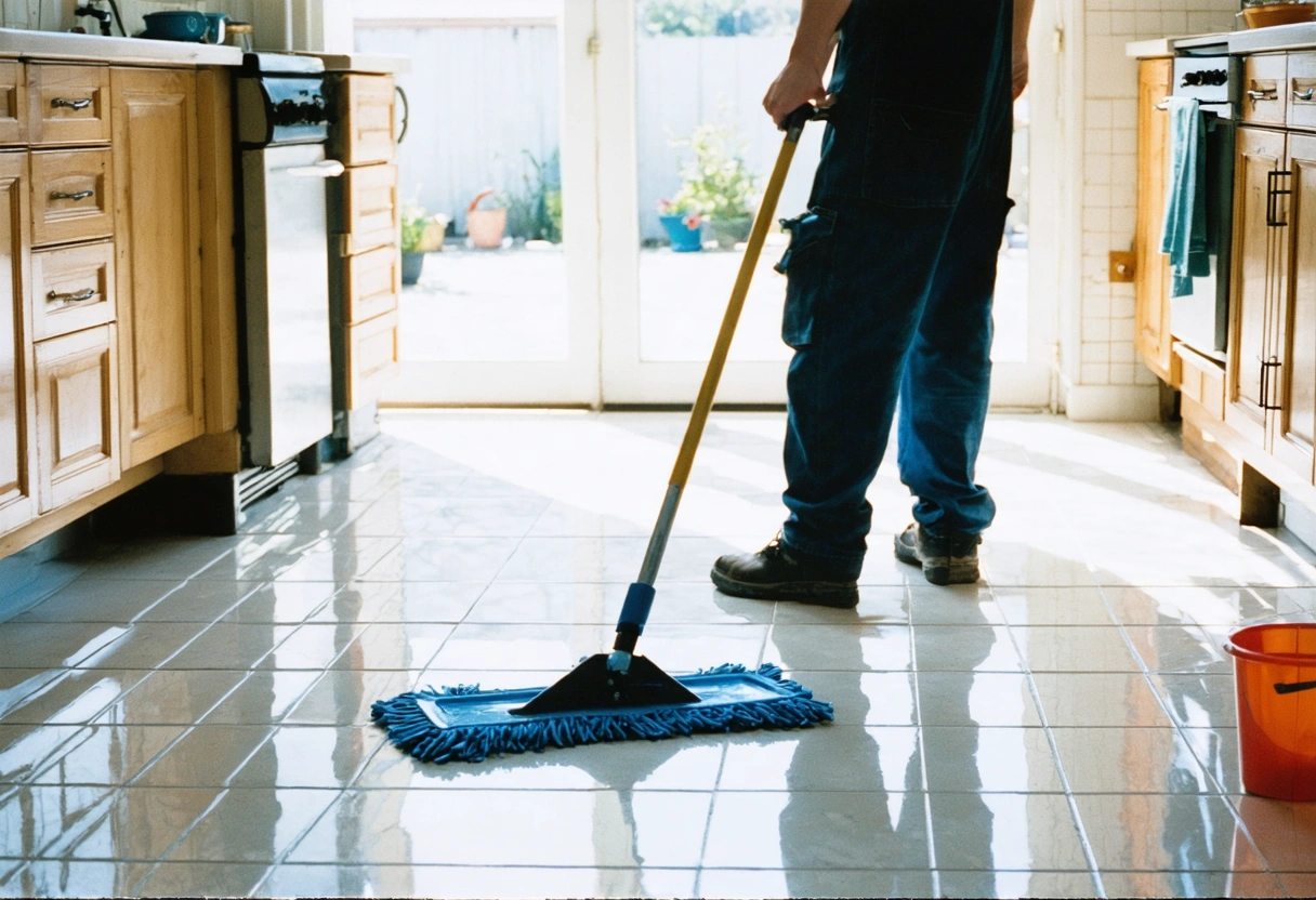 A person cleaning a polished tile floor with a mop and specialized cleaner in a