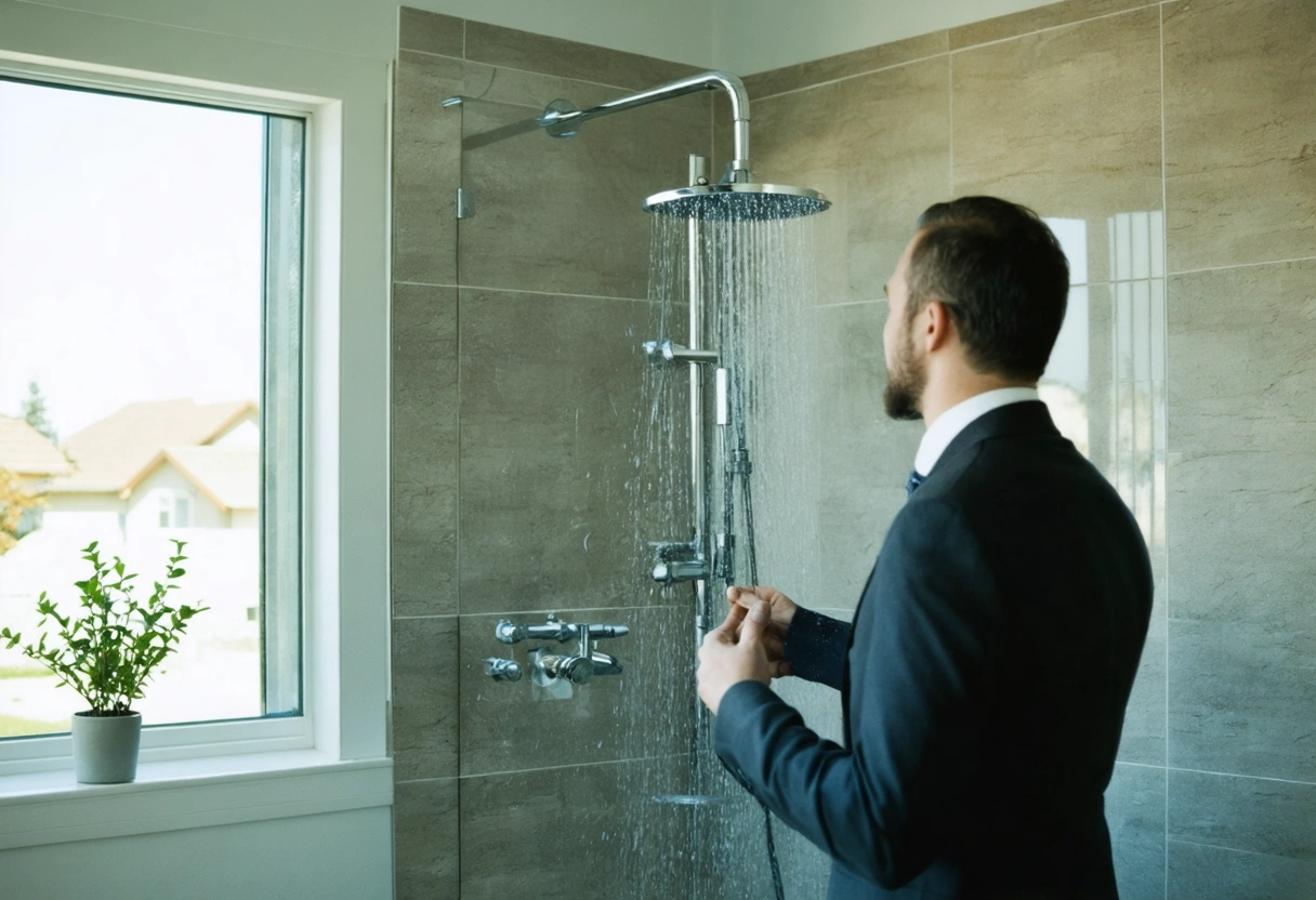 A real estate agent showing a potential buyer a high-quality, professionally installed shower in a