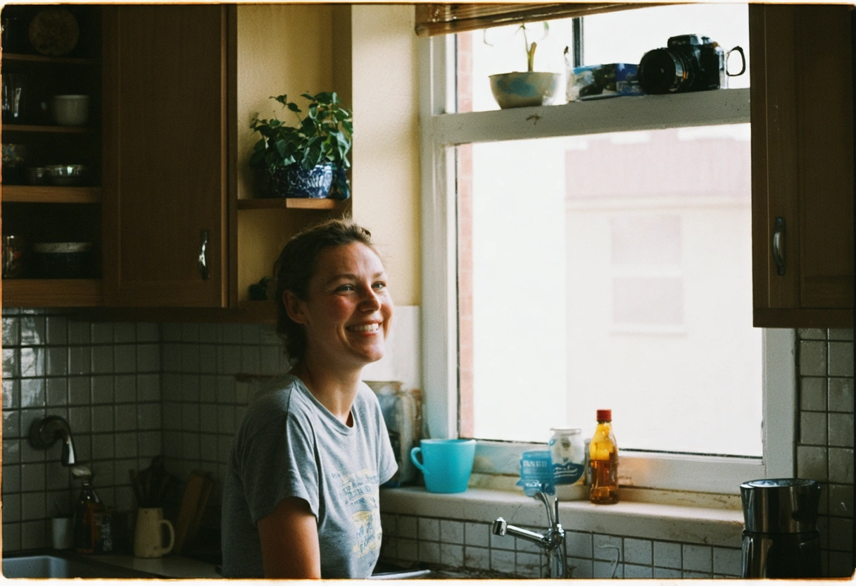 A satisfied tenant smiling in a well-maintained kitchen, bright natural light through a window, showcasing