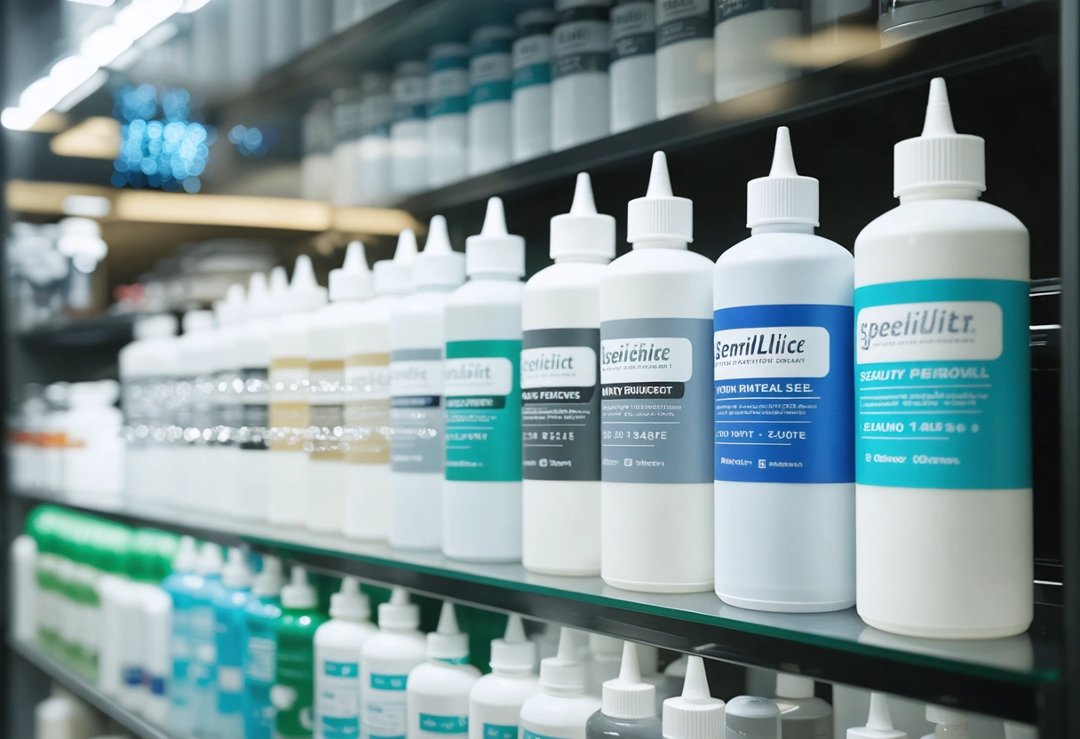 Specialty sealant bottles on shelf labeled for various purposes