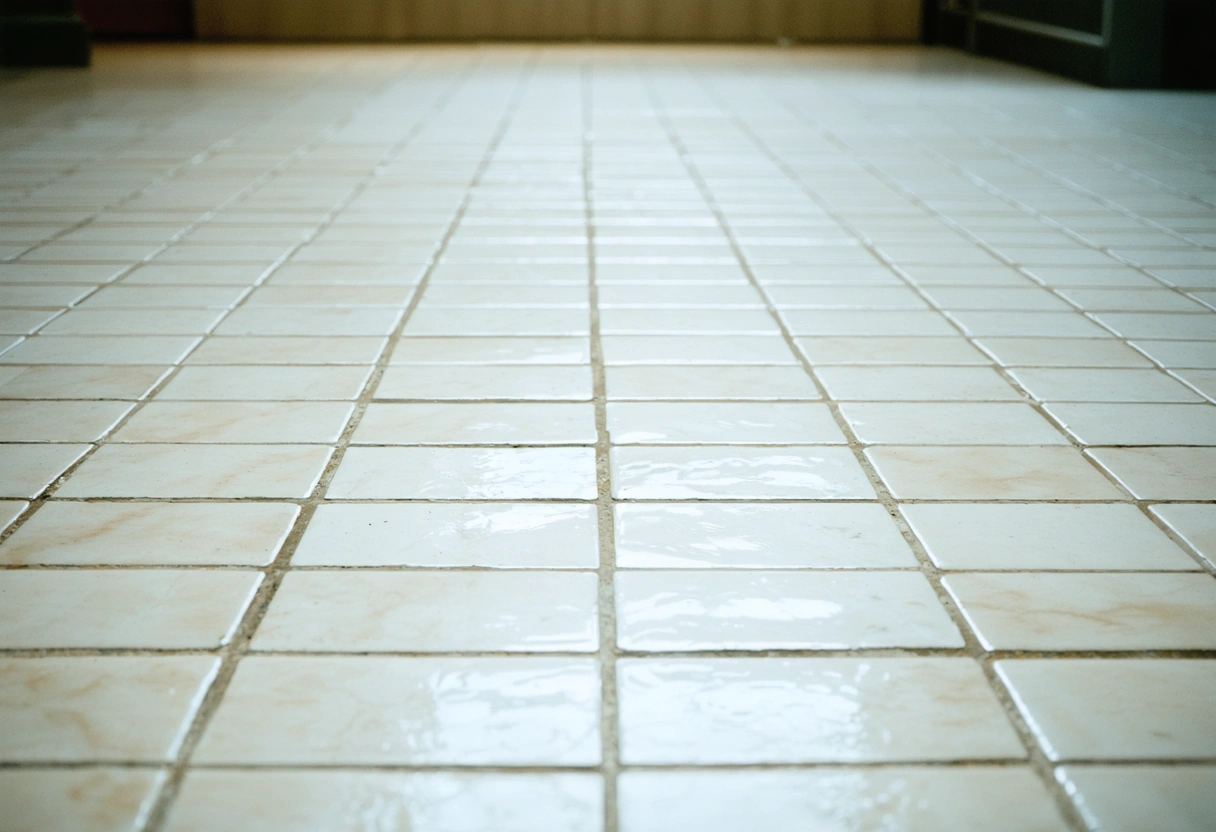 A wide-angle view of a tiled floor with clean, sealed grout lines. Bright, even lighting