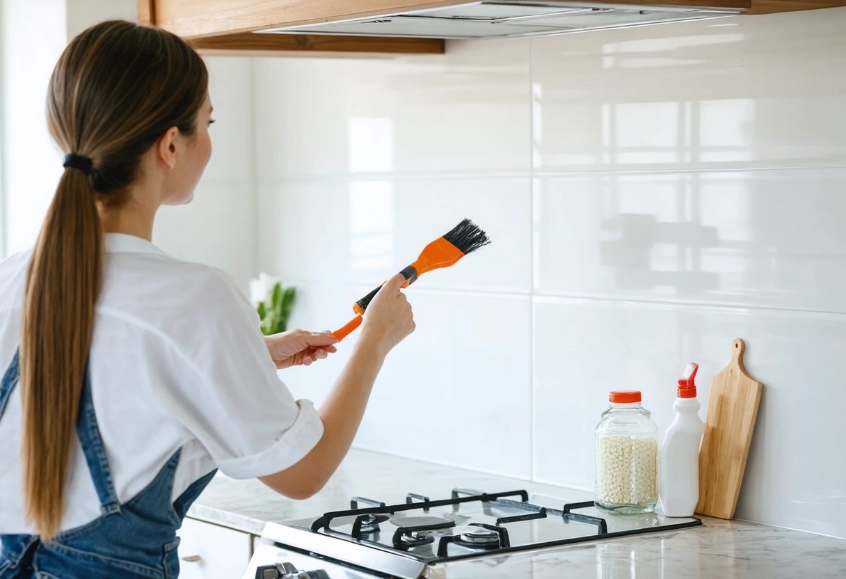 Person applying sealant on backsplash with brush in bright kitchen