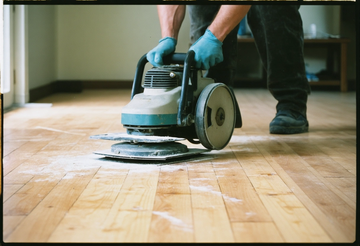 Close-up of a professional restoring a hardwood floor, using a sanding machine. The setting is