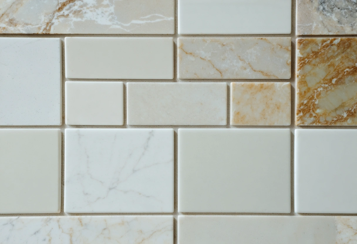 Close-up of different backsplash materials like ceramic and natural stone, each with a distinct texture,