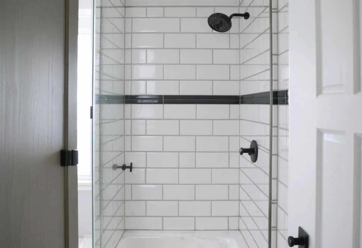 Modern and clean rental property bathroom with adjoining kitchen corner