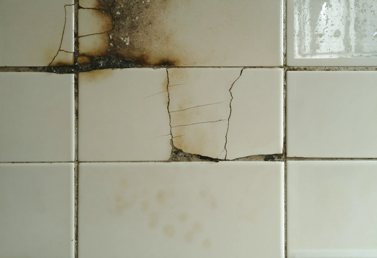 Bathroom wall with water damage, mold, cracked tiles, dim lighting