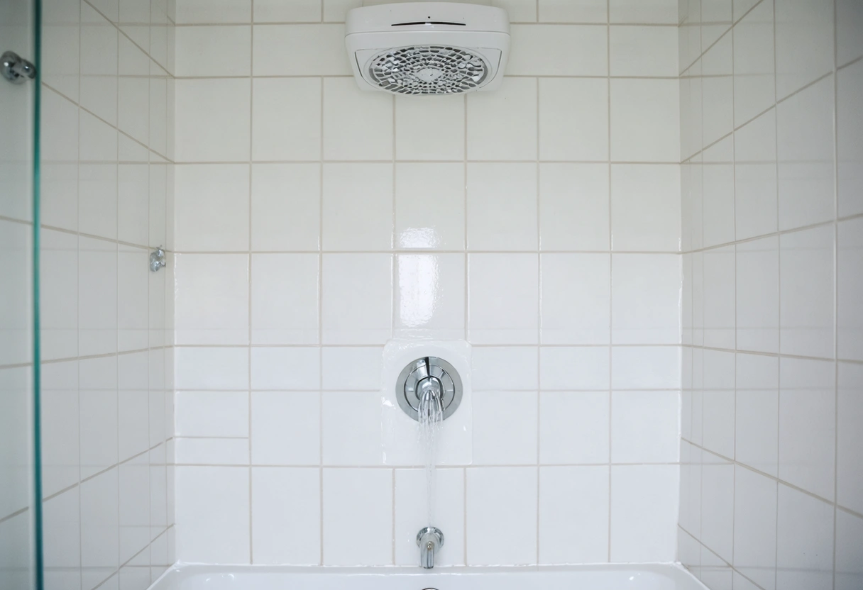 Bathroom with exhaust fan, fresh caulking, clean tiles, bright lighting