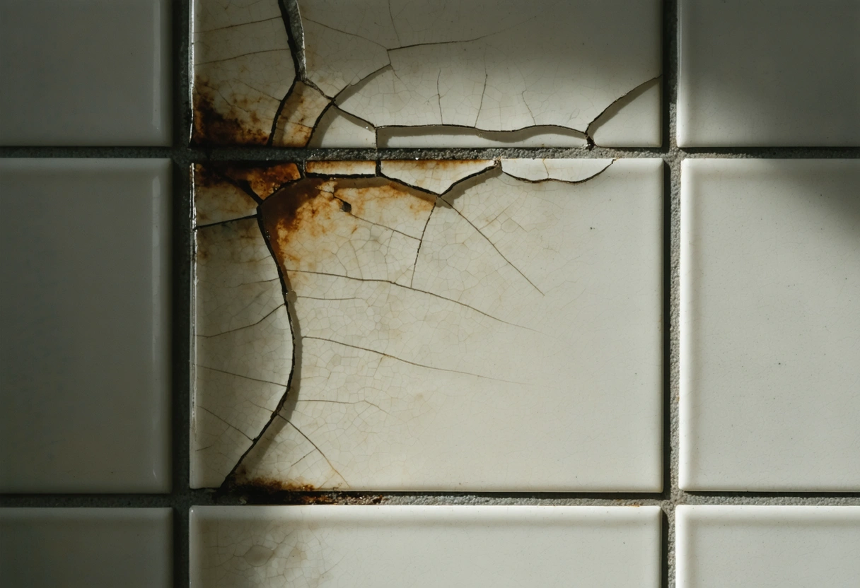 A close-up of a cracked tile on a backsplash, moisture seeping through, hinting at potential