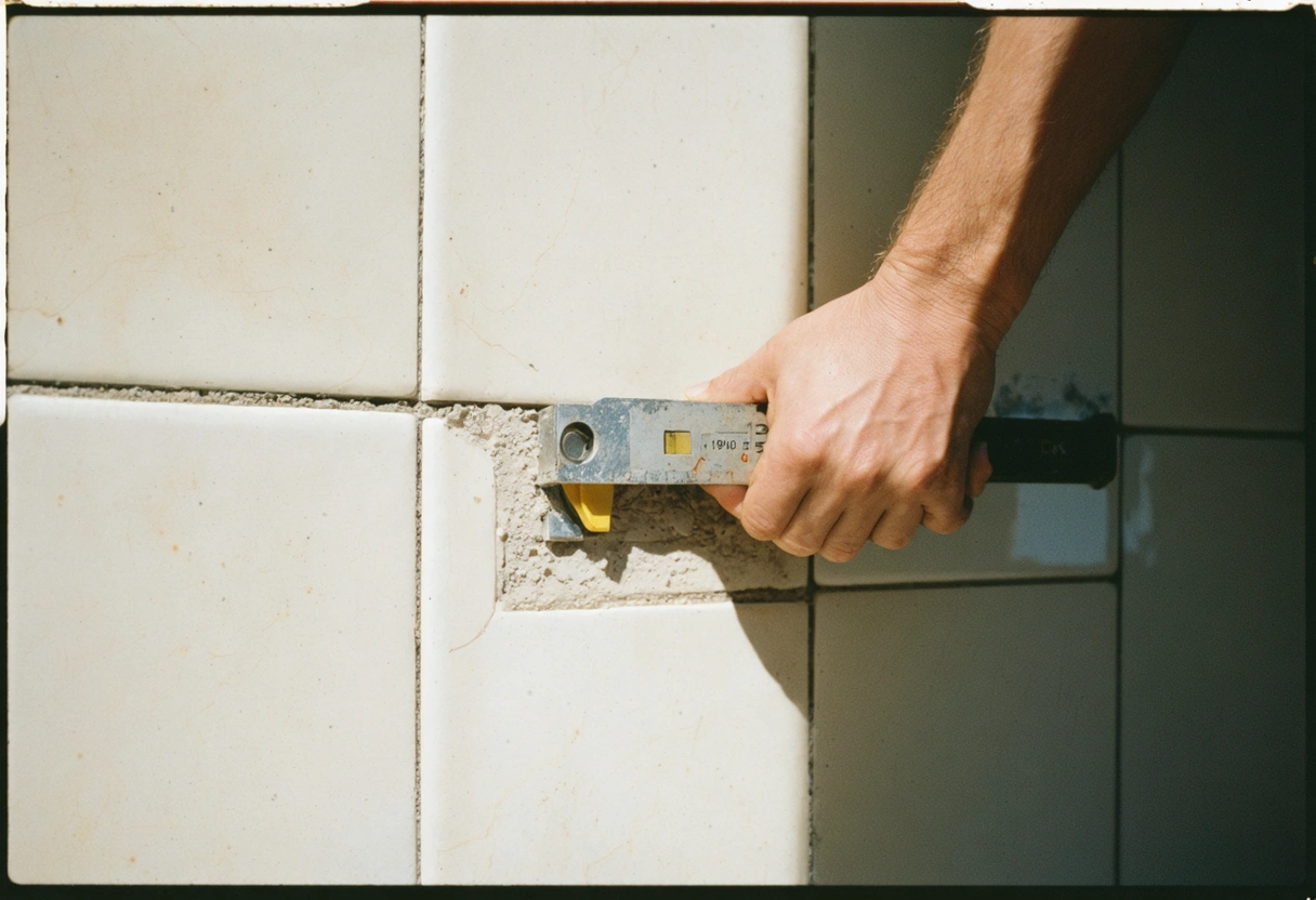 Level tool highlighting uneven tiles in construction setting.