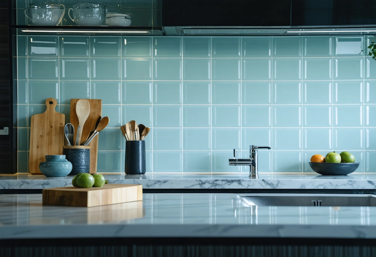 A contemporary kitchen showcasing a new glass tile backsplash, sleek and modern. Bright lighting highlights