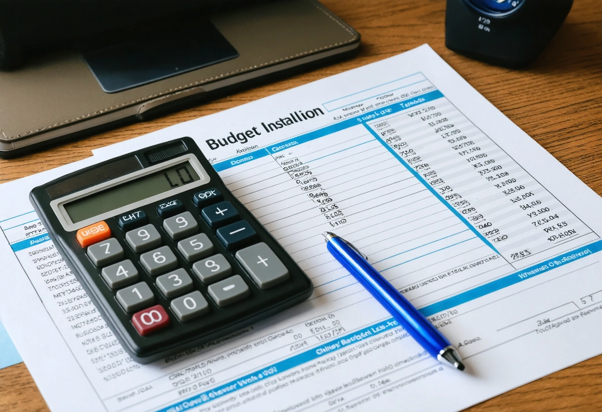 Budget sheet for shower installation with calculator and pen.