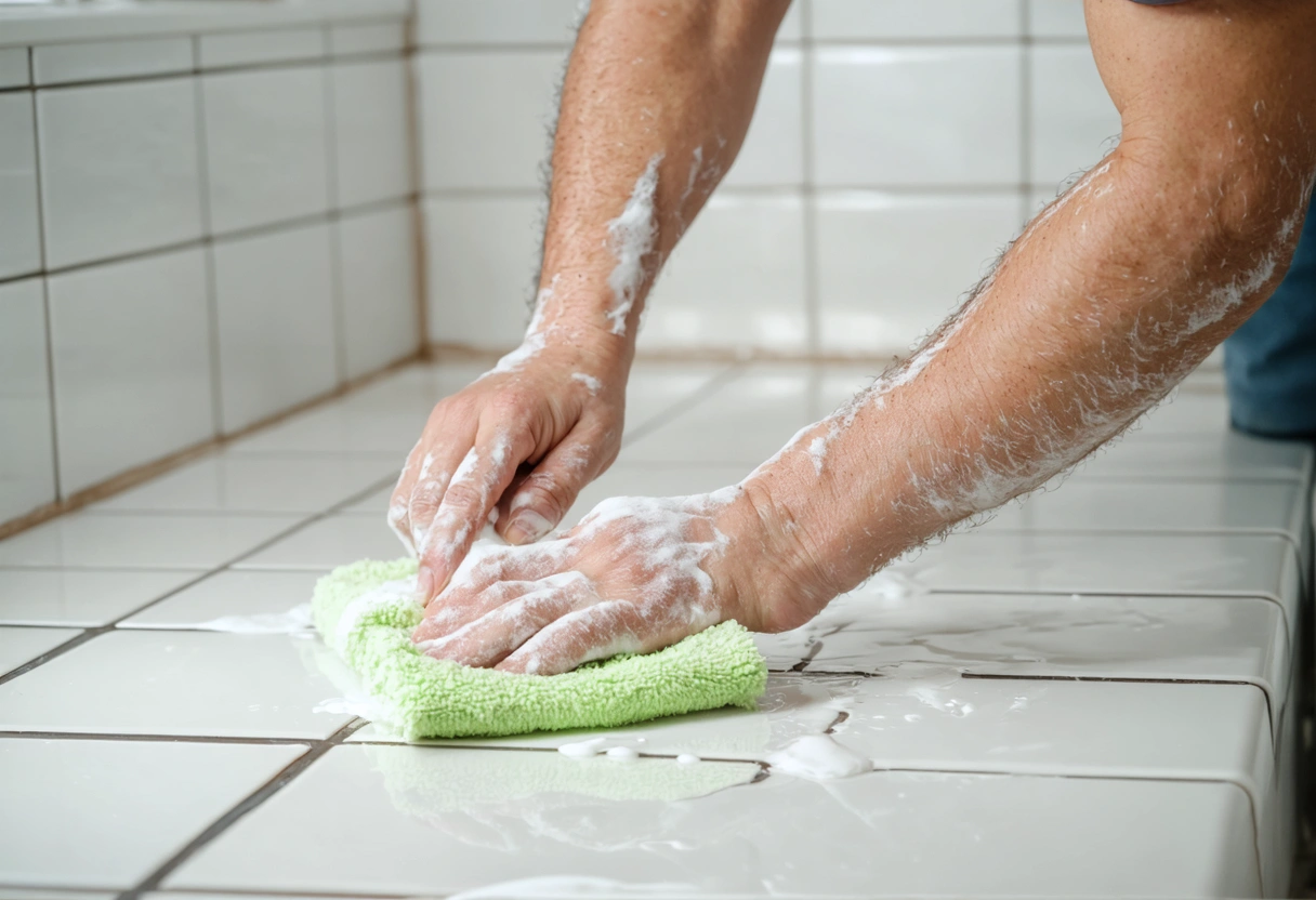 A homeowner gently cleaning stained grout with a soft cloth. The setting is a cozy