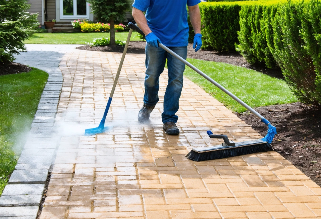 A person cleaning pavers with a brush and sealant, demonstrating maintenance. Close-up, daylight, focusing on