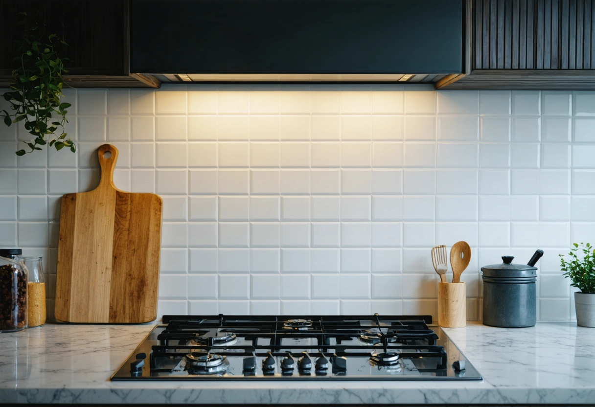 A modern kitchen with a newly repaired backsplash, tiles shining under bright lighting. The scene