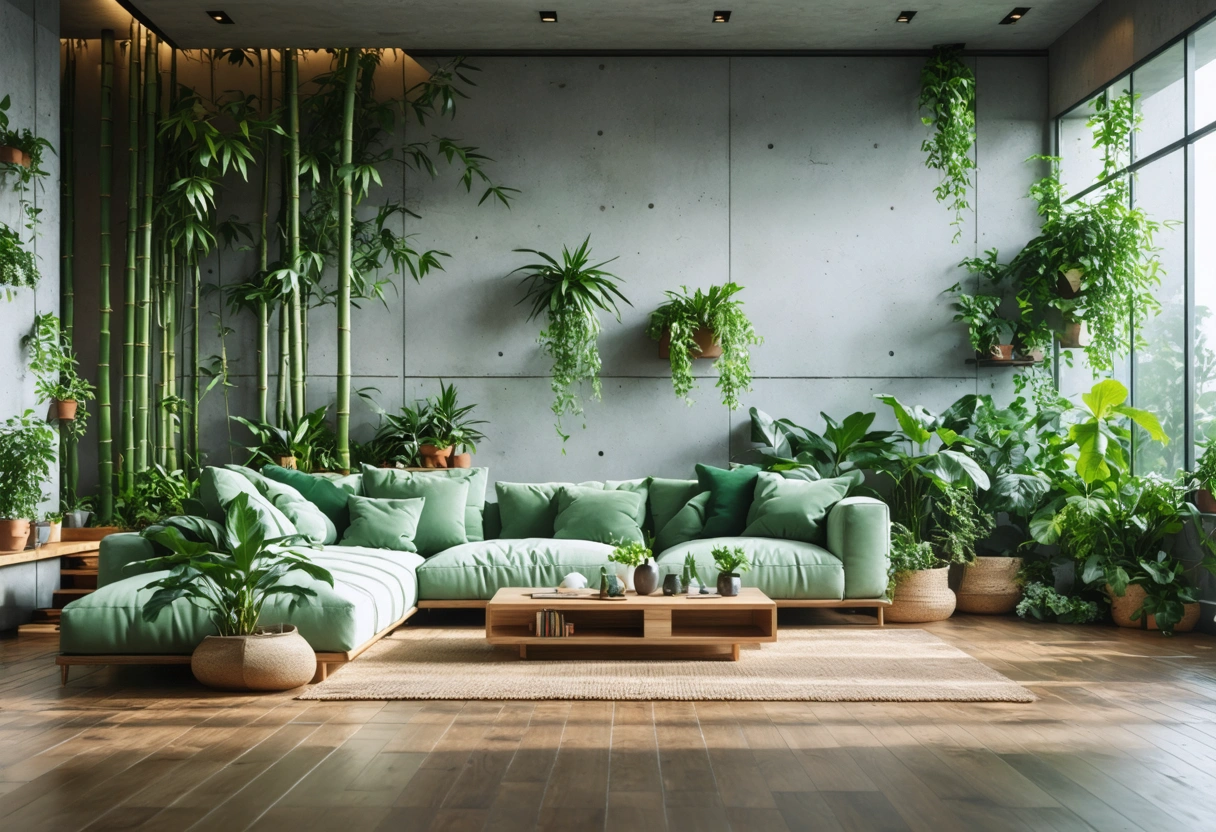 Modern living room with bamboo flooring, natural light, and minimalist design.
