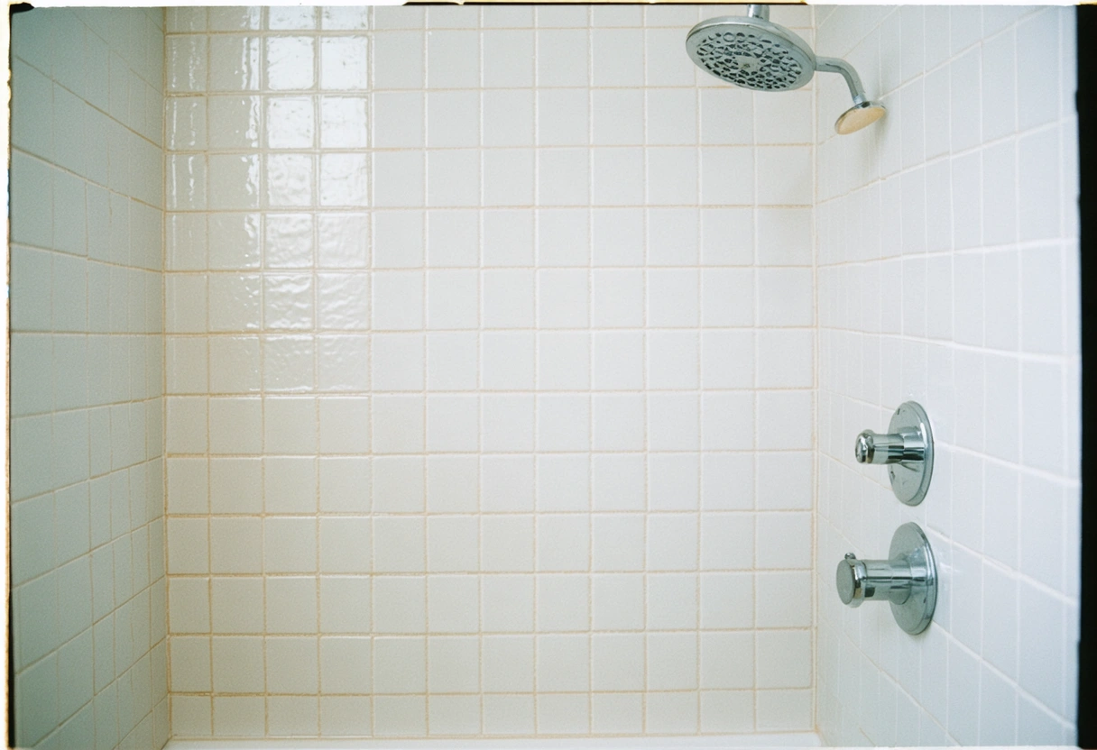Newly installed shower with pristine tiles and grout.