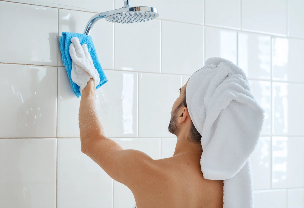 Person cleaning shower tiles with cloth in bright bathroom.