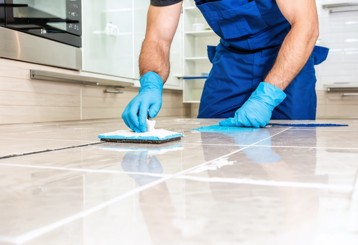 A professional applying sealer to grout lines with precision. The setting is a modern kitchen