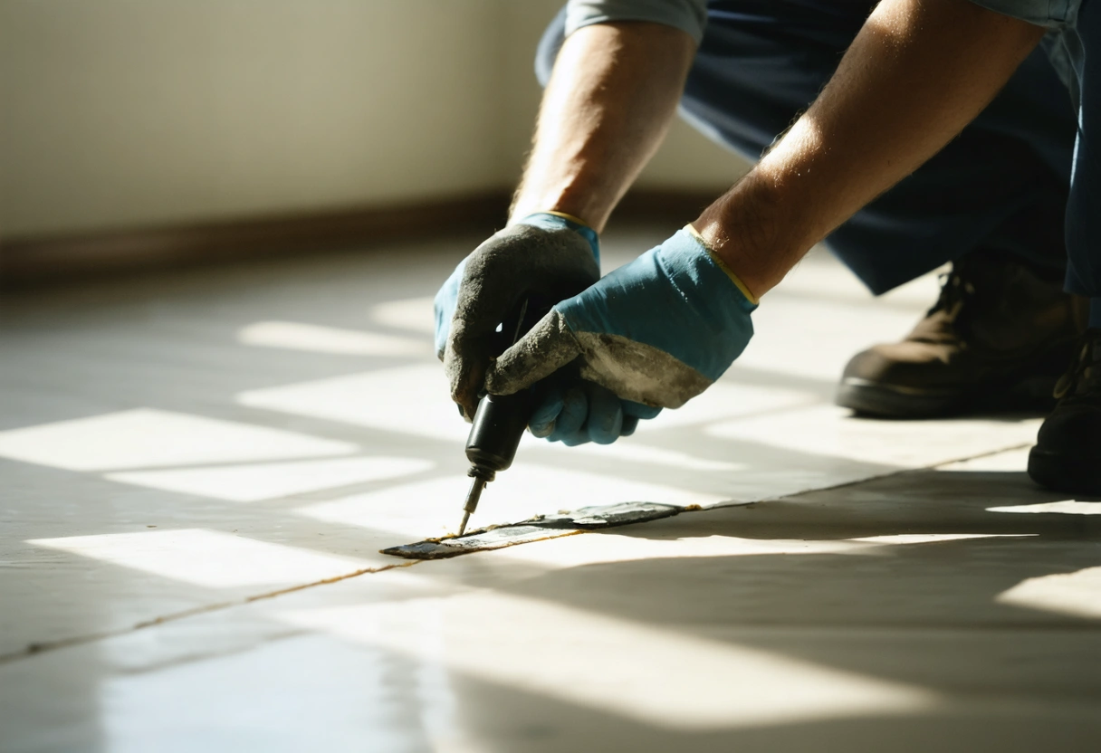 A professional conducting a floor inspection using a moisture meter in a sunlit room. Close-up