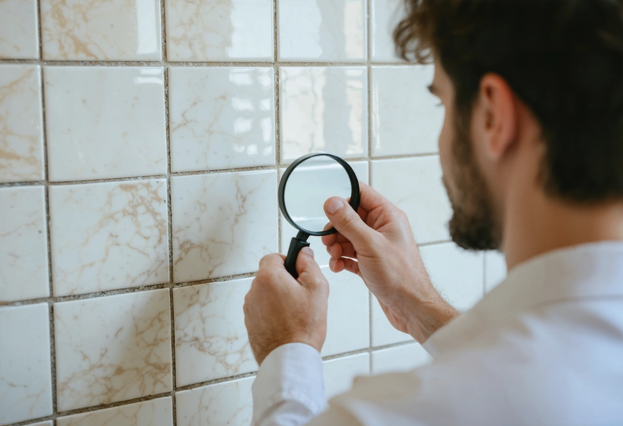 A professional examining tile grout with a magnifying glass, assessing its condition. The setting is