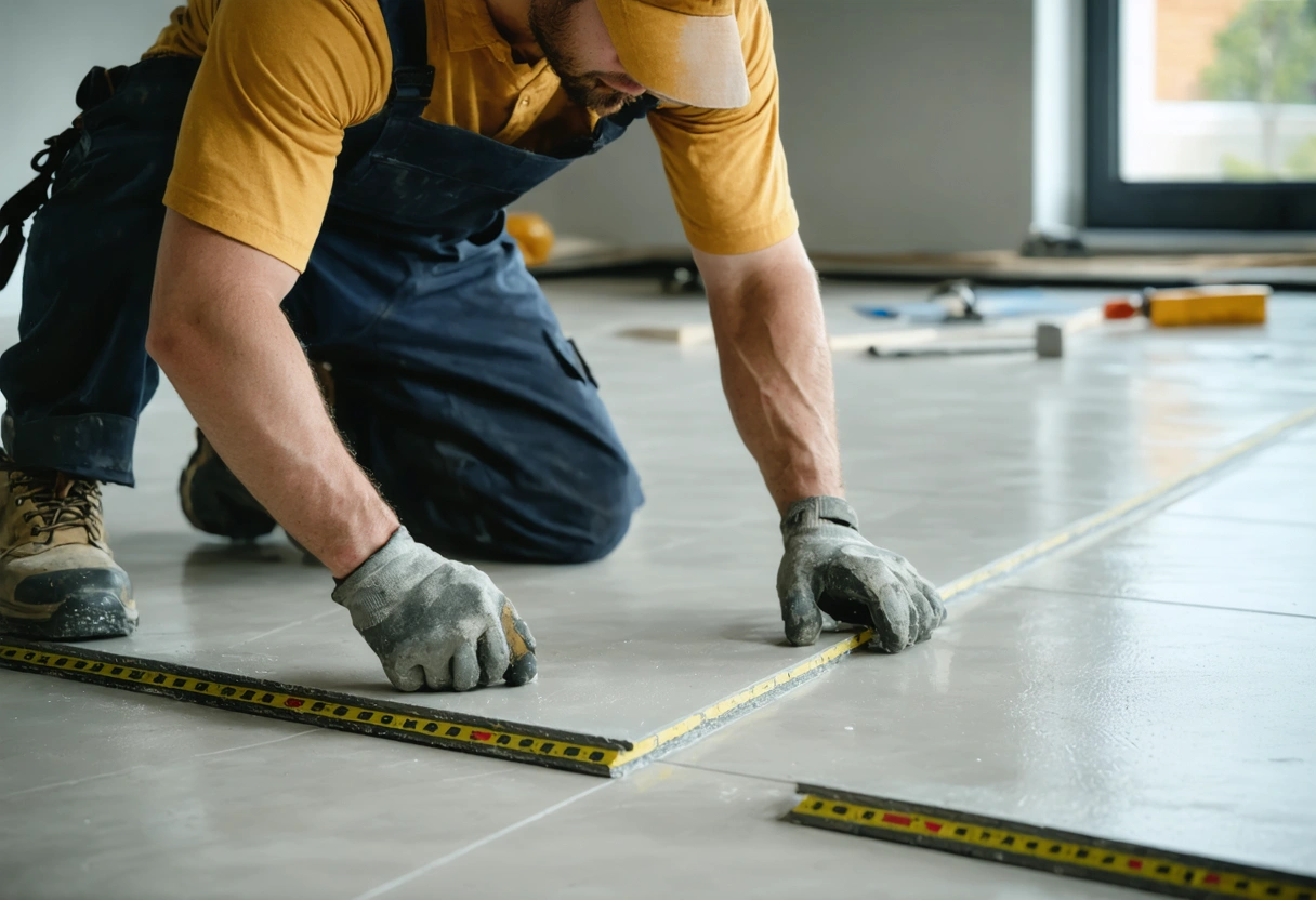 Professional installer laying tiles in a modern apartment, focused and efficient.
