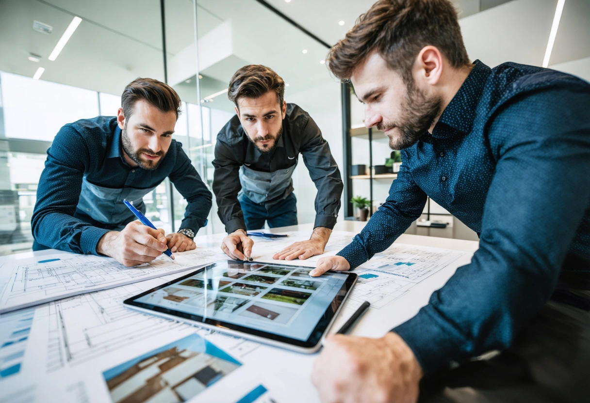 A professional floor restoration team discussing plans in a well-lit office, reviewing past project photos
