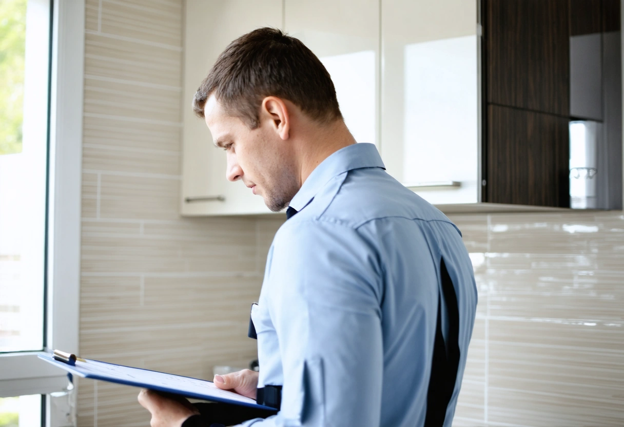 A professional in uniform inspecting a kitchen backsplash, holding a clipboard. Bright, natural lighting highlights