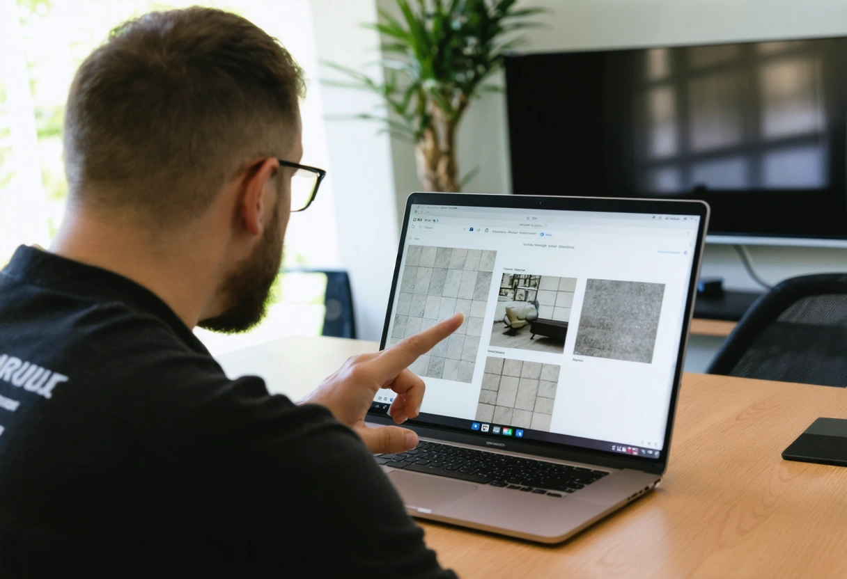A professional showing a portfolio of grout staining projects to a client. The setting is