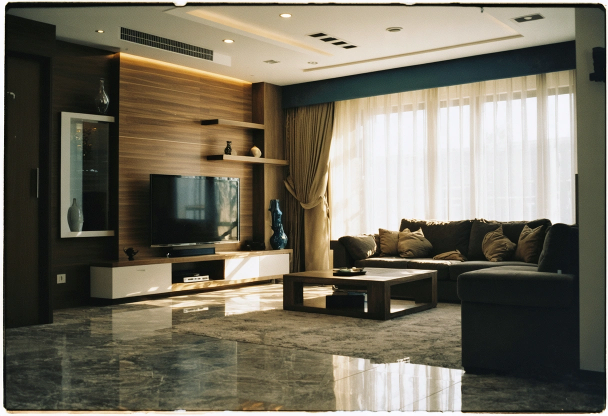 Rental living room with luxurious flooring, modern furniture, and natural light.