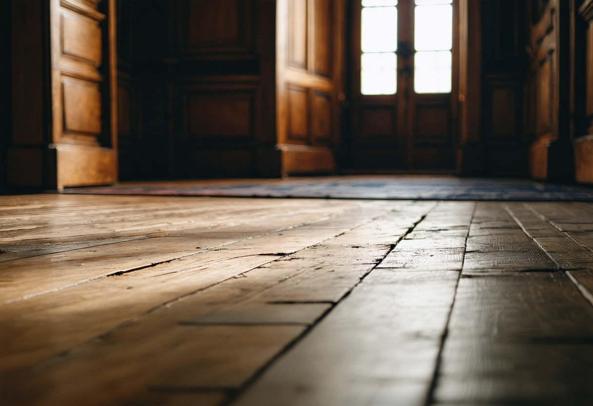 A restored historic hardwood floor in a vintage home, showcasing its renewed beauty. Gentle lighting,