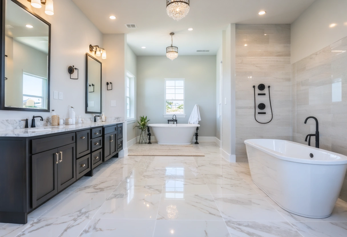 Stylish bathroom with elegant tile flooring, showcasing durability and appeal.