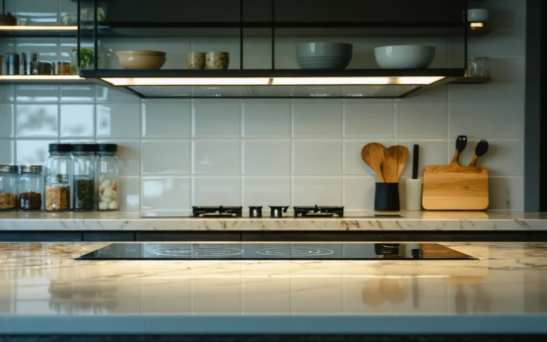 Modern kitchen with gleaming backsplash, matching countertops, and cabinetry under soft ambient lighting.